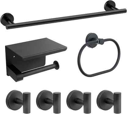 7-Piece Bathroom Hardware Accessories Set, SUS304 Towel Bar, Black | 25.9-Inch Towel Rack, Oval Towel Ring, Toilet Paper Holder with Shelf & 4 Robe Towel Hooks, Wall-Mounted Towel Holder Set