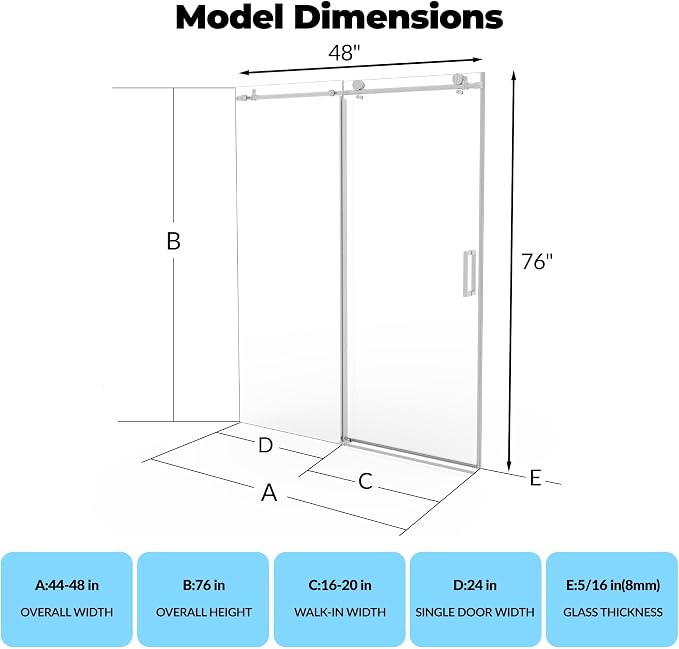 44-48" W x 76" H Frameless Sliding Shower Door - 5/16" (8mm) Clear Tempered Glass, Waterproof, Silver Brushed Nickel Bathroom Door with Easy Installation