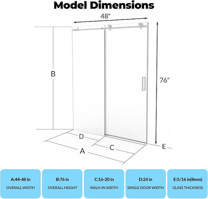 Garvee Sliding Shower Door 44-48 inch W x 76 inch H | Frameless Glass Shower Door with Square Stainless Steel Rail, 8mm Tempered Glass Frameless Shower Door, Brushed Sliver