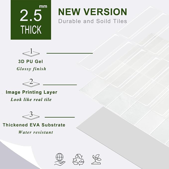 STICKGOO 10-Sheet Peel and Stick Backsplash Tile(Thicker Design) | Self Adhesive Vinyl Wall Tiles, 3D DIY Subway Tiles, Stick on Backsplash for Kitchen (Faux White Wall)