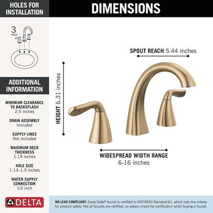 Delta Arvo Brushed Gold Faucet 3 Hole, 8 Inch Widespread Bathroom Sink Faucet for Vanity, Push-Pop Drain Assembly, Champagne Bronze 35840LF-CZ