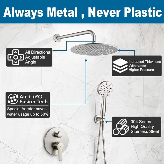 Shower Faucet Set Brushed Nickel 10 Inch Round Shower Head and Handle Set, Bathroom Rainfall Shower System, Wall Mounted Shower Fixtures, Include Shower Valve and Trim Kit
