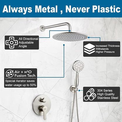 Shower Faucet Set Brushed Nickel 10 Inch Round Shower Head and Handle Set, Bathroom Rainfall Shower System, Wall Mounted Shower Fixtures, Include Shower Valve and Trim Kit