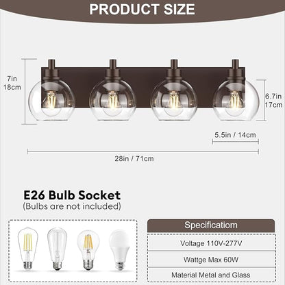 IZORRO Bathroom Light Fixtures, 4-Light Oil Rubbed Bronze Vanity Light, Modern Wall Sconces with Globe Clear Glass Shade, Vanity Lighting Fixtures Over Mirror,E26 Bulb Socket