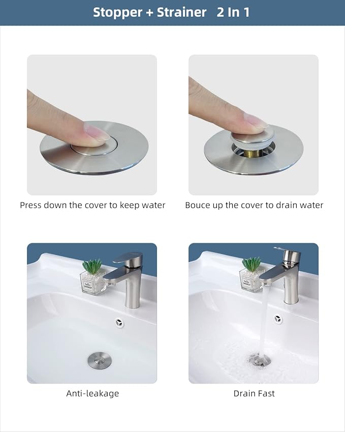 Hibbent All Metal Universal Bathroom Sink Stopper for 1.1''~2.3'' Basin, Pop Up Sink Drain Strainer, Brass Bullet Core Push Type Stopper, Stainless Steel Anti Clogging Drain Filter, Brushed Nickel