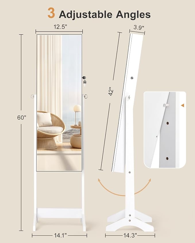 Nicetree Freestanding Jewelry Cabinet, Full Length Mirror, Moon White | Jewelry Armoire Organizer, Lockable Jewelry Storage Cabinet, Frameless Mirror, 3 Adjustable Angles,Gift Idea,Quick Assembly