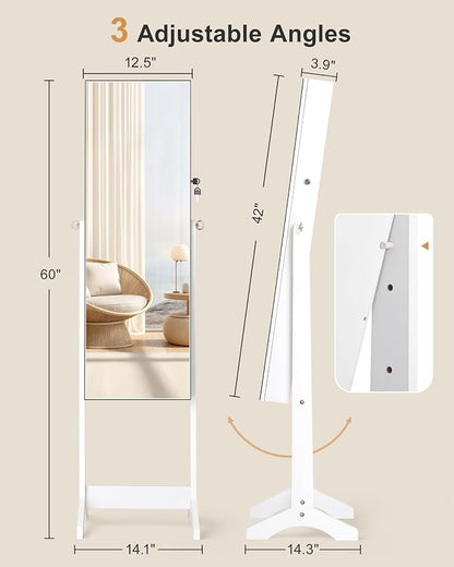 Nicetree Freestanding Jewelry Cabinet, Full Length Mirror, Moon White | Jewelry Armoire Organizer, Lockable Jewelry Storage Cabinet, Frameless Mirror, 3 Adjustable Angles,Gift Idea,Quick Assembly