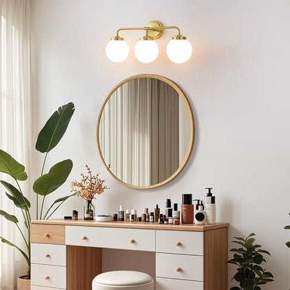Gold Bathroom Vanity Light Fixtures Over Mirror, Modern Brass 3 Lights Wall Sconce with Milky Glass Ball Shade, Mid Century Farmhouse Vanity Lighting