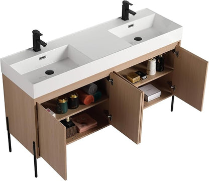 Crownpoint 60 Inch Bathroom Vanity with Sink, White Double Sink, White Oak Finish, Full Assembly Required, Elegant Bathroom Vanities for Modern Homes