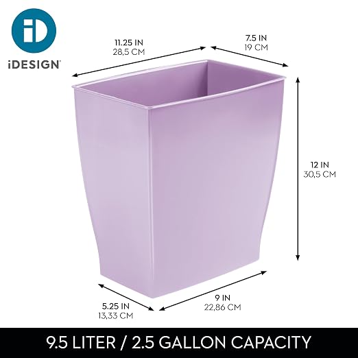 iDesign Small Plastic Bathroom Trash Can, Slim Rectangle Purple | For Bedroom, Office, Dorm, Garbage Bin
