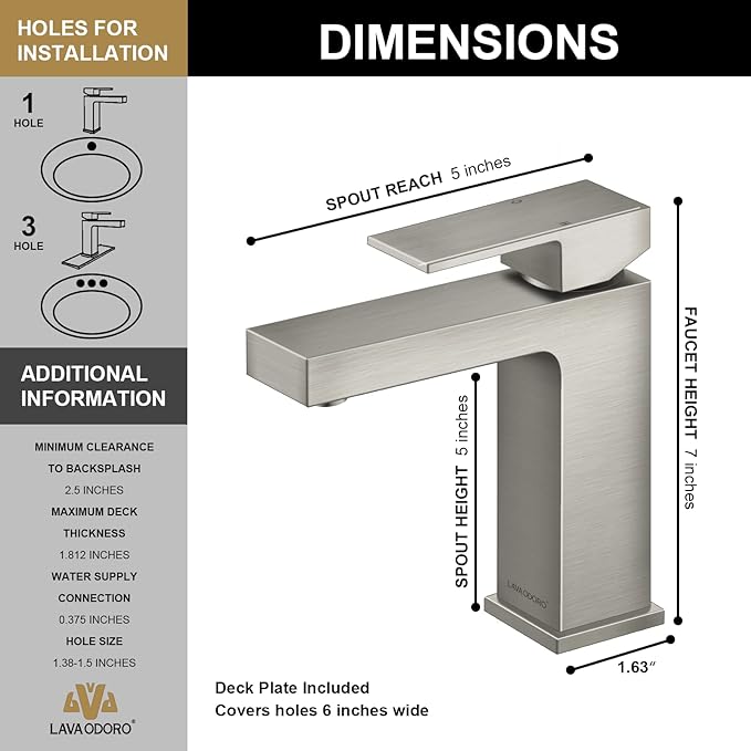 Lava Odoro Single Hole Bathroom Faucet, Brushed Nickel Bathroom Sink Faucet Single Handle Vanity Faucet with Pop up Drain Assembly, Deck Plate Included, BF307-BN