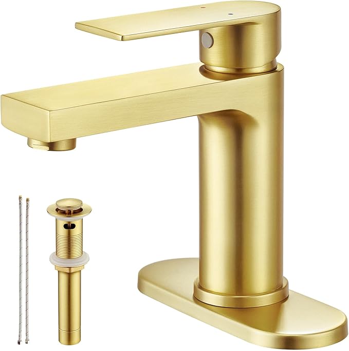 Light Gold Bathroom Faucet, Single Hole Vanity Sink Faucet with Metal Pop-Up Drain, Supply Lines & Deck Plate Fits 1 or 3 Hole, Brushed Finish