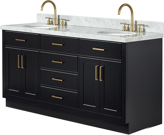 ARIEL Hepburn 66-inch Bathroom Vanity with Sink,Solid Wood, 1.5-inch Italian Carrara Marble Countertop & Backsplash, Double Oval Porcelain Sink, 4 Soft Closing Doors, 6 Dovetail Drawers, Black