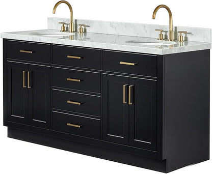 ARIEL Hepburn 66-inch Bathroom Vanity with Sink,Solid Wood, 1.5-inch Italian Carrara Marble Countertop & Backsplash, Double Oval Porcelain Sink, 4 Soft Closing Doors, 6 Dovetail Drawers, Black