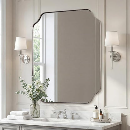 30x36 Inch Brushed Nickel Mirror, Silver Bathroom Mirror for Over Sink, Rounded Notched Corner Mirror in Anti-Rust Stainless Steel Metal Thin Frame, Wall Mount Vertically or Horizontally
