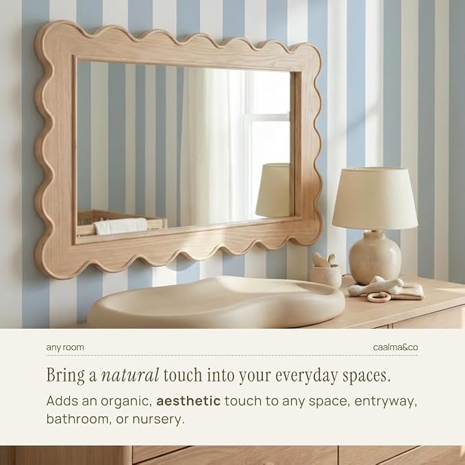 CAALMA Scalloped Wall Mirror 24 x 36 Rectangular, Bathroom Mirror, Mirrors for wall Decor, Wooden Frame Mirrors for wall, Decorative Vanity Mirror, Nursery Decor, Entryway Mirror, Wall Mounted Mirror
