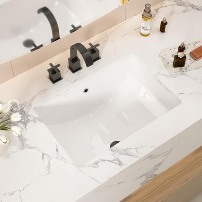 White Ceramic 21"x14" Undermount Bathroom Lavatory Sink | Rectangle under counter white bathroom vessel sink for bathroom