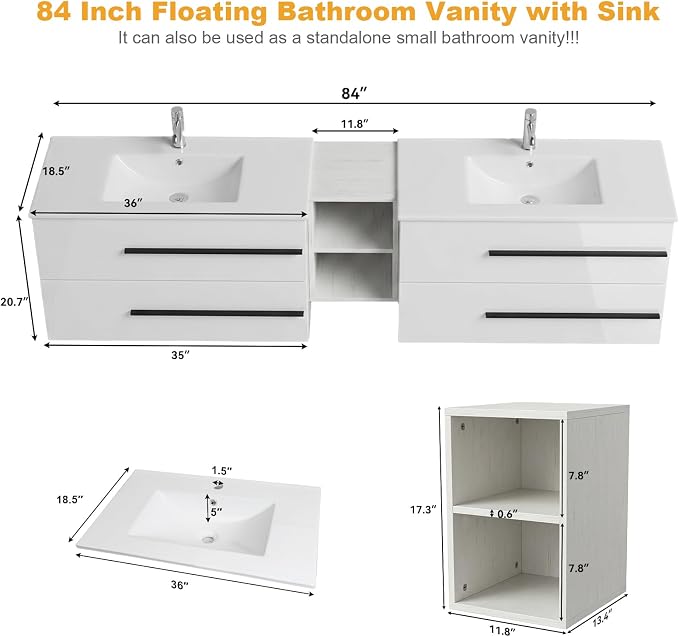 84 Inch Floating Double Sink Bathroom Vanity, Modern Bathroom Vanity with Double Sink, Wall Mounted Bathroom Vanity Cabinet with Large Storage Drawers,Open Storage Shelf, White