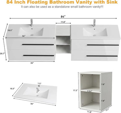 84 Inch Floating Double Sink Bathroom Vanity, Modern Bathroom Vanity with Double Sink, Wall Mounted Bathroom Vanity Cabinet with Large Storage Drawers,Open Storage Shelf, White