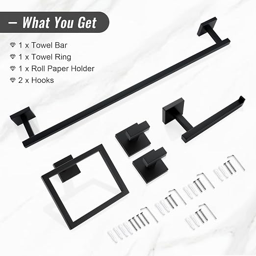 YACVCL Black Towel Bar Set 5-Piece Bathroom Hardware Accessories Set,SUS304 Stainless Steel Towel Rack Set,23.6 Inch Towel Bar,Toilet Paper Holder,Towel Ring and Towel Hooks,Wall Mounted