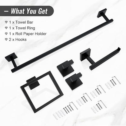 YACVCL Black Towel Bar Set 5-Piece Bathroom Hardware Accessories Set,SUS304 Stainless Steel Towel Rack Set,23.6 Inch Towel Bar,Toilet Paper Holder,Towel Ring and Towel Hooks,Wall Mounted