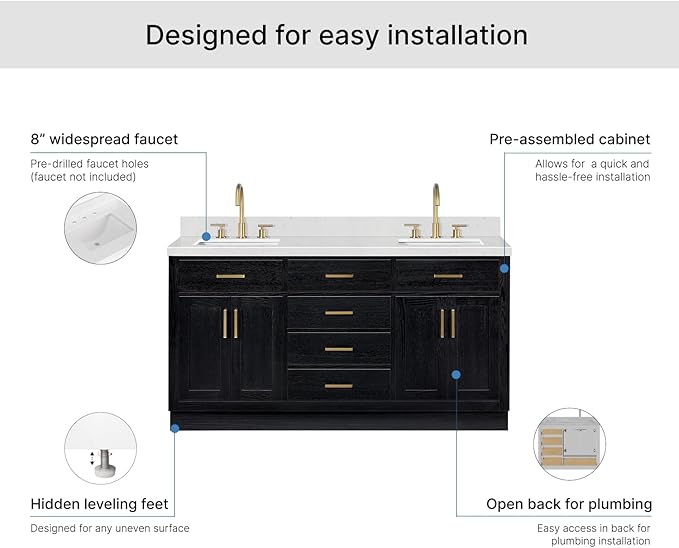 ARIEL Hepburn 66-inch Bathroom Vanity with Sink,Solid Wood, 1.5-inch Carrara White Quartz Countertop, Double Rectangular Porcelain Sink, 4 Soft Closing Doors, 6 Dovetail Drawers, Black Oak