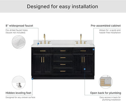 ARIEL Hepburn 66-inch Bathroom Vanity with Sink,Solid Wood, 1.5-inch Carrara White Quartz Countertop, Double Rectangular Porcelain Sink, 4 Soft Closing Doors, 6 Dovetail Drawers, Black Oak
