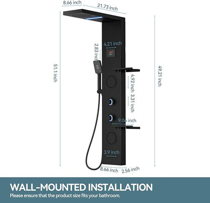 5 in 1 Black Shower Panel Tower System With Storage Shelf, 304 Stainless Steel Shower Tower with Rainfall Shower Handheld and Tub Spout, Powerful Body Jets, Wall-Mounted Shower Set