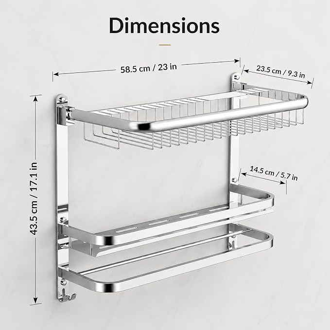 23 Inch Towel Rack for Bathroom with 3 Tier Shelf Double Bar Hook (Silvery) | 90 Degree Foldable Top Design, Wall Mounted Storage Shelf of 304 Stainless Steel, No Drill or Screw Installation