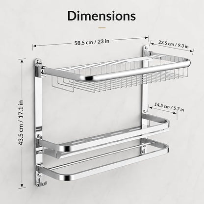 23 Inch Towel Rack for Bathroom with 3 Tier Shelf Double Bar Hook (Silvery) | 90 Degree Foldable Top Design, Wall Mounted Storage Shelf of 304 Stainless Steel, No Drill or Screw Installation