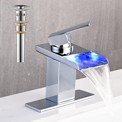 LED Bathroom Sink Faucet, Chrome Waterfall Single Hole Handle Vanity Faucets for Sinks 1 Hole with Metal Pop Up Drain and 2 Water Supply Lines, Stainless Steel Spout