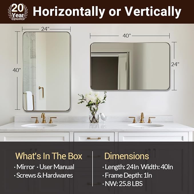 Brushed Champagne Bronze Mirrors for Bathroom Sink, 24x40 Inch Bathroom Vanity Mirror with Rectangular Metal Frame-Modern Clean Design with Superior Stainless Steel Frame