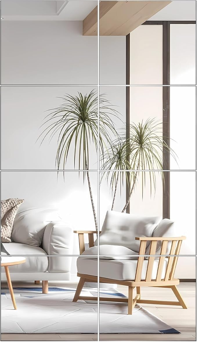 VASUHOME Glass Full Length Wall Mirror Tiles- 14x12 Inch- 8PCS Frameless Full Body Mirror for Home Gym, Bedroom, Living Room - Versatile Wall Mirror with Unrivaled Clarity