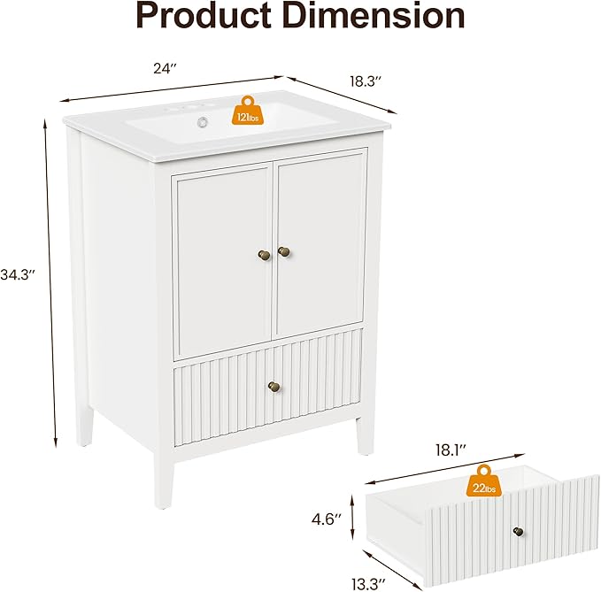 RoyalCraft 24'' Bathroom Vanity with Ceramic Sink Combo Set, Modern Wood Bathroom Cabinet with Soft Closing Doors and Fluted Drawer, Free Standing Storage Cabinet, White