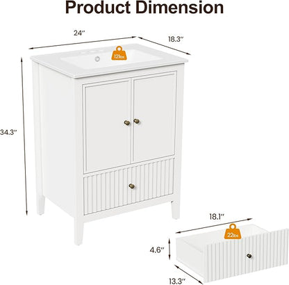 RoyalCraft 24'' Bathroom Vanity with Ceramic Sink Combo Set, Modern Wood Bathroom Cabinet with Soft Closing Doors and Fluted Drawer, Free Standing Storage Cabinet, White