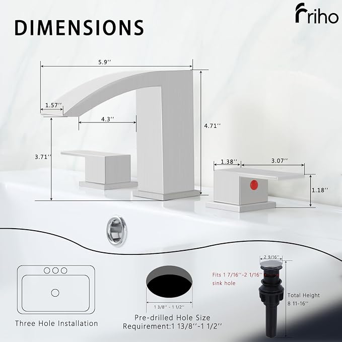 Friho Widespread Bathroom Sink Faucet 3 Hole Brushed Nickel, 2 Handles Waterfall Bathroom Faucet with Pop Up Drain and Supply Lines, FRDC17808L