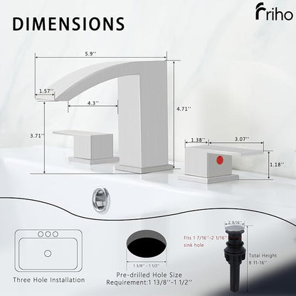 Friho Widespread Bathroom Sink Faucet 3 Hole Brushed Nickel, 2 Handles Waterfall Bathroom Faucet with Pop Up Drain and Supply Lines, FRDC17808L