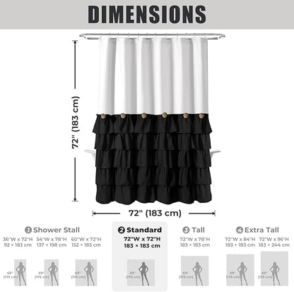 Seasonwood Black and White Farmhouse Shower Curtain 72 x 72 Black Ruffle Shower Curtain with Vintage Buttons, Rustic Decorative Fabric Shower Curtains for Guest Bathroom, 72" x 72", Black and White