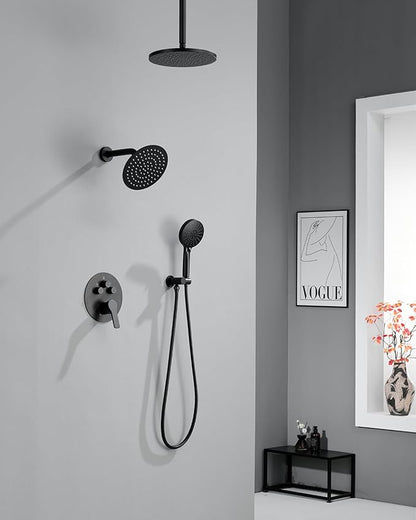 Iriber Matte Black Shower head with Handheld,8"+10" Rain Shower Faucet Set | 10 Inch Ceiling +8 Inch Wall Mount Dual Shower Heads,Push Button Diverter,3 Setting Handheld,Pressure Balance Valve Cartridge