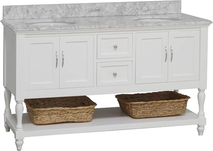Beverly 60-inch Double Bathroom Vanity (White/Carrara): Includes White Cabinet with Authentic Italian Carrara Marble Countertop and White Ceramic Sinks