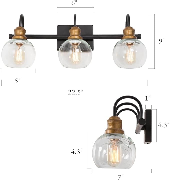 KSANA Farmhouse Bathroom Light Fixture, Modern Black Gold 3-Light Vanity Light with Opening Clear Glass Shade, Modern Antique Brass Wall Lamp Over Mirror