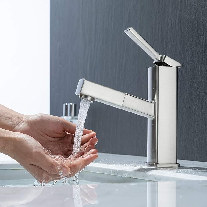 KAIYING Bathroom Sink Faucet with Pull Out Sprayer, Single Hole Utility Bar Sink Faucet, Lavatory Pull Down RV Sink Faucets with Rotating Spout, Single Handle (Regular, Brushed Nickel)