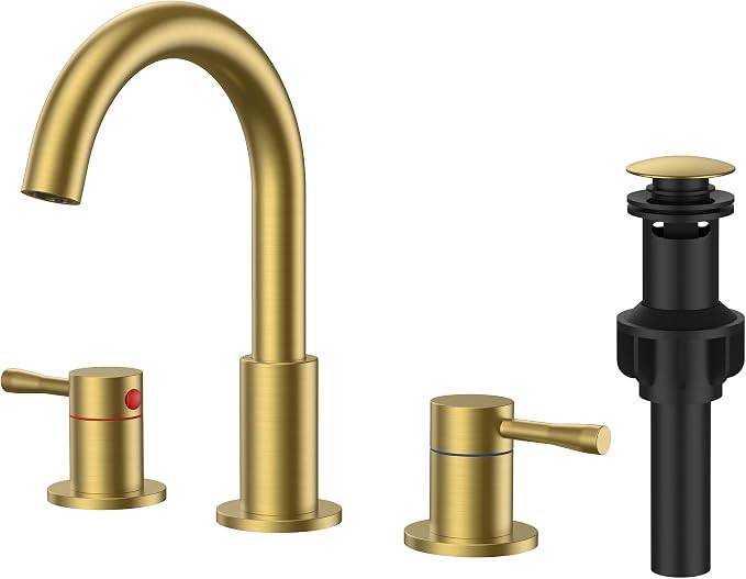 FORIOUS Bathroom Faucet 3 Hole, 360° Swivel 8 Inch Sink Faucet Brushed Gold | with Pop Up Drain, 2 Handles,for Sink Vanity RV Lavatory Farmhouse, 304 Stainless Steel, Lead-free, Leakproof