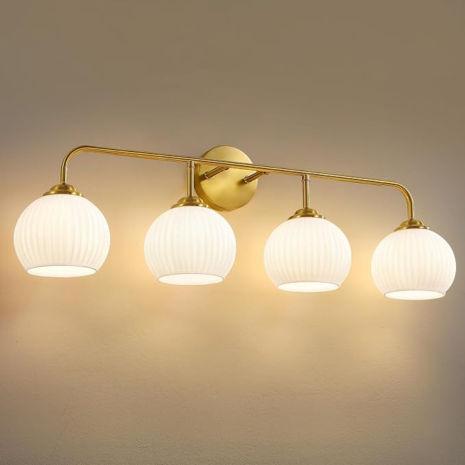 RUIYEY Bathroom Vanity Light Fixtures: 4 Lights Brushed Gold Ribbed Lantern Vanity Lights for Bathroom, E26 60W Hardwired Wall Sconce Lighting with Frosted Milky Glass Over Mirror (Exclude Bulb)