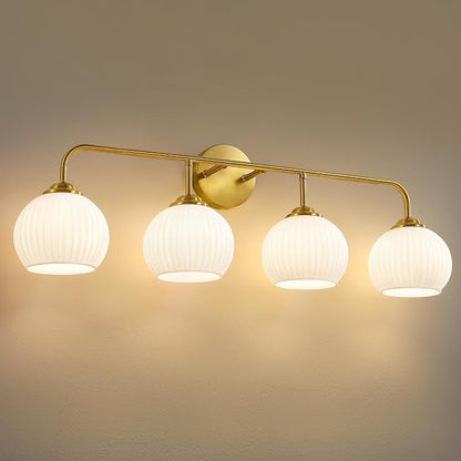 RUIYEY Bathroom Vanity Light Fixtures: 4 Lights Brushed Gold Ribbed Lantern Vanity Lights for Bathroom, E26 60W Hardwired Wall Sconce Lighting with Frosted Milky Glass Over Mirror (Exclude Bulb)