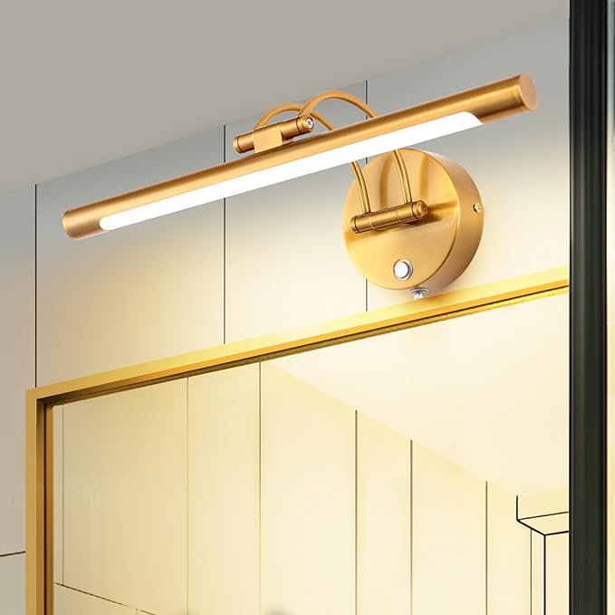 MantoLite LED Dimmable Bathroom Vanity Light Fixture 16inch Cabinet Picture Wall Lights, Indoor Lightings Wall Sconce with Ajustable Arm Bedside Reading Lamp, Pulg in Display Lamps (Brass, 3000K 8W)