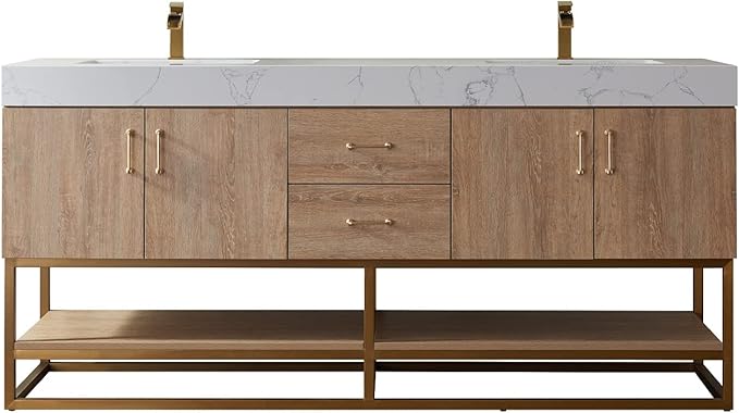 Vinnova Alistair 72" Double Sink Bathroom Vanity in North American Oak, Pre-assembled, with White Grain Stone Countertop Without Mirror