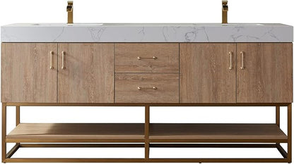 Vinnova Alistair 72" Double Sink Bathroom Vanity in North American Oak, Pre-assembled, with White Grain Stone Countertop Without Mirror