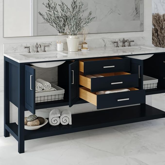 ARIEL Magnolia 72-inch Bathroom Vanity with Sink,Solid Wood, 0.75-inch Italian Carrara Marble Countertop, Double Rectangular Porcelain Sink, 4 Soft Closing Doors, 3 Dovetail Drawers, Midnight Blue