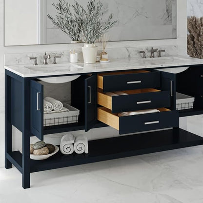ARIEL Magnolia 72-inch Bathroom Vanity with Sink,Solid Wood, 0.75-inch Italian Carrara Marble Countertop, Double Rectangular Porcelain Sink, 4 Soft Closing Doors, 3 Dovetail Drawers, Midnight Blue